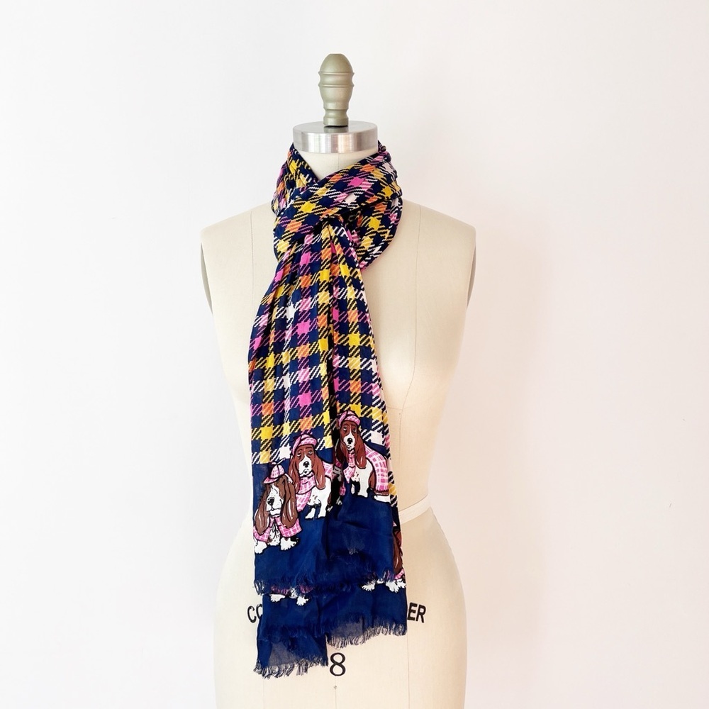 Talbots Scarf Navy Blue Pink Yellow Houndstooth Basset Hound Dog Print‎ Fringe